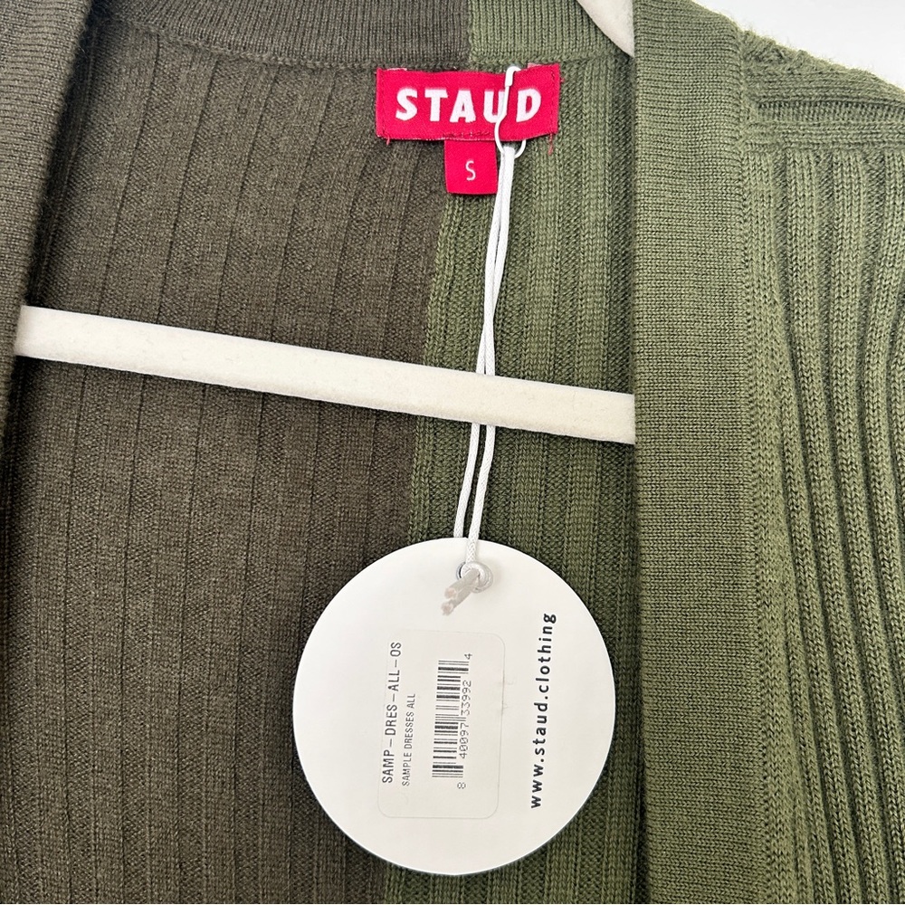 NWT STAUD Two-Tone Knit Maxi Cardigan Dress – Green Ribbed Long Sleeve S